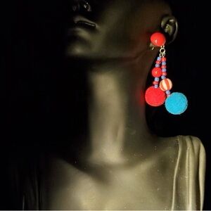 Tribal Handmade Red Blue Flurry Colorful Beaded Dangle Earrings